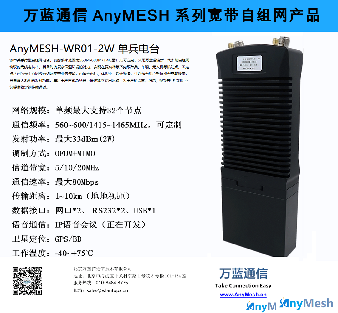 AnyMESH-WR01-2W单兵手持型无线宽带自组网Mesh电台
