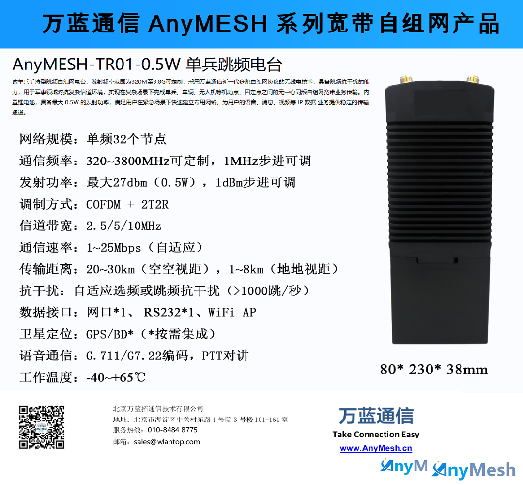 AnyMESH-TR01-0.5W单兵手持型跳频自组网电台跳频电台